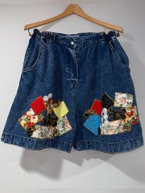 Pretty Bleu Dark Blue Denim Patchwork Shorts with Red, Yellow & Black Accents